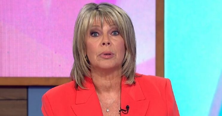 Ruth Langsford frowning wearing an orange blazer on Loose Women