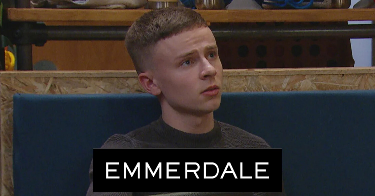 Samson looking worried on Emmerdale; soap logo inset (Credit: ITV/Composite: ED!)