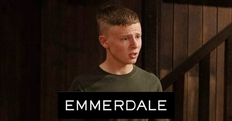 Samson looks pained on Emmerdale; inset, soap logo (Credit: ITV/Composite: ED!)