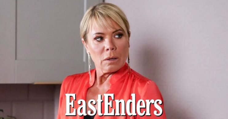 Sharon looks perplexed on EastEnders; soap logo inset (Credit: BBC/Composite: ED!)