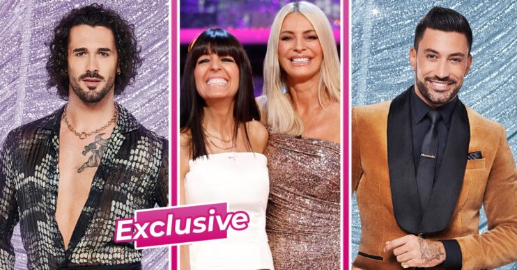 Claudia Winkleman and Tess Daly smiling and Graziano and Giovanni on Strictly Come Dancing
