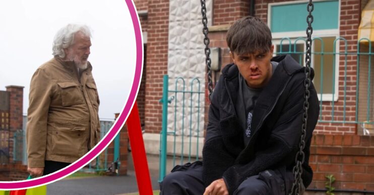 Coronation Street's Mason, and in a bubble is Stu