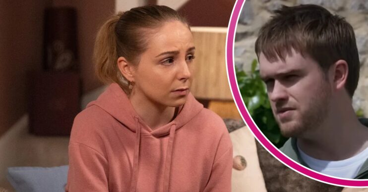 Belle looks worried on Emmerdale; inset, Tom glaring (Credit: ITV/Composite: ED!)