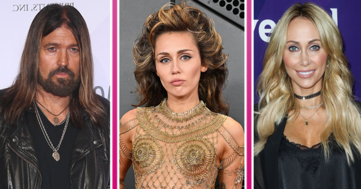 Billy Ray Cyrus, Miley Cyrus frowning beside a smiling Tish Cyrus