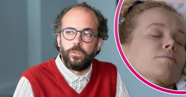 Reiss looks dodgy on EastEnders; inset, Debbie ion a coma (Credit: BBC/Composite:ED!)