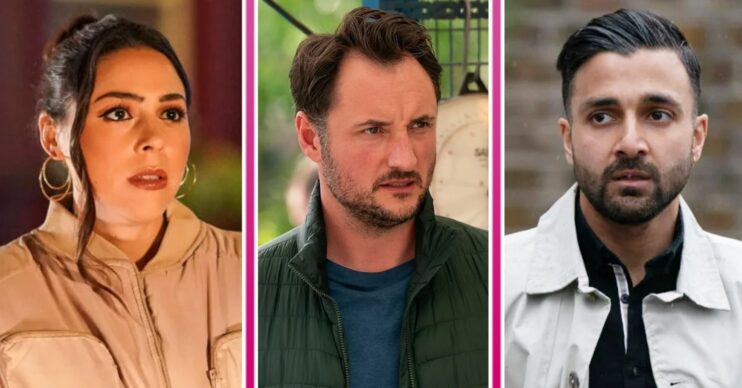 Composite image of Vinny, Priya and Martin on EastEnders, all looking brooding and intense (Credit: BBC/Composite: ED!)