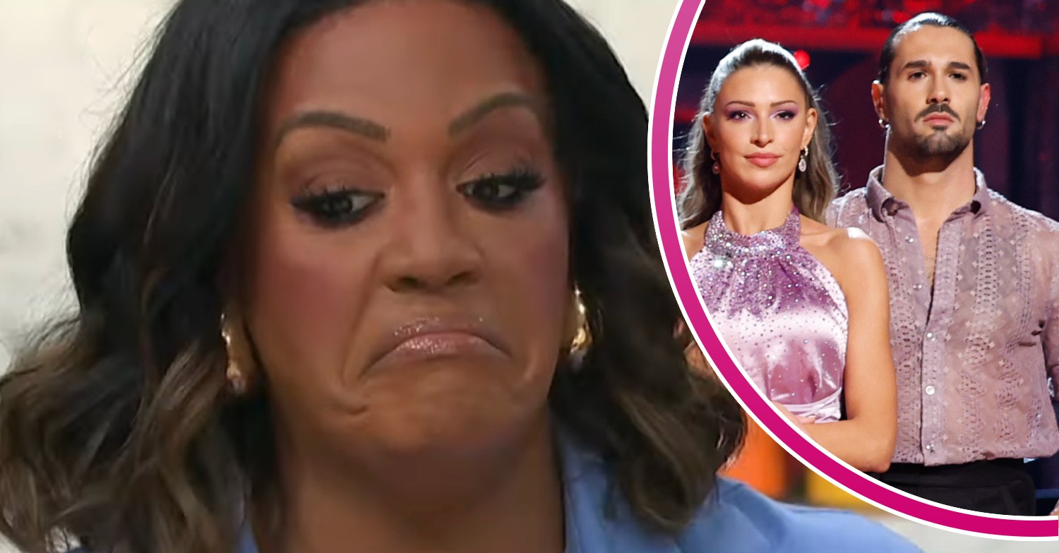 Alison Hammond frowning beside a photo of Zara McDermott and Graziano Di Prima on Strictly