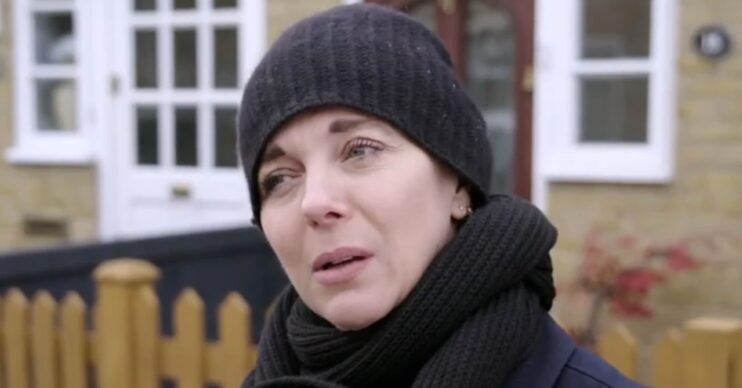 Amanda Abbington wearing a hat with shocked expression