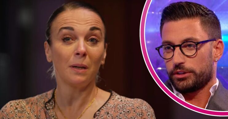 Amanda Abbington looking sad during an interview / Giovanni Pernice looking stern