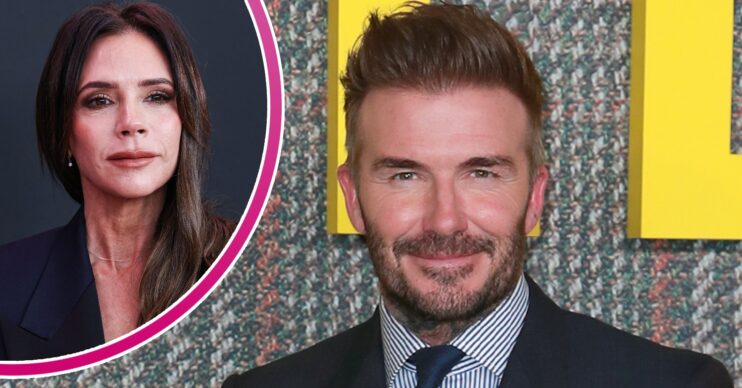 Victoria Beckham frowning beside a smiling David Beckham composite