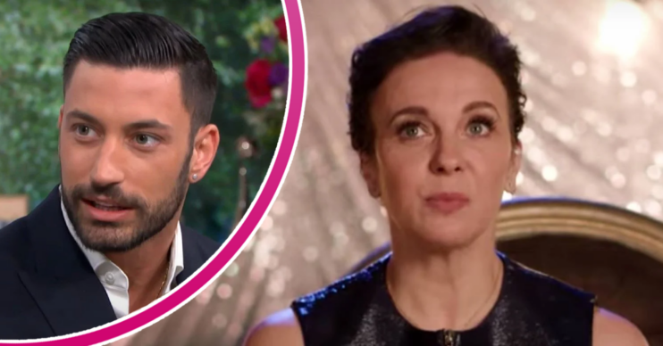 Giovanni Pernice with shocked expression beside Amanda Abbington looking confused on Strictly