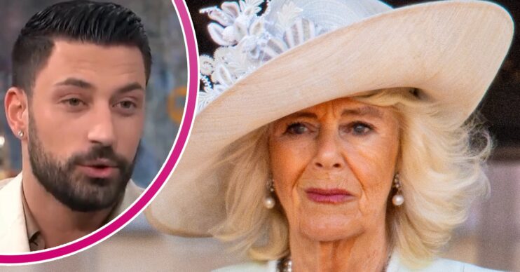 Giovanni Pernice talking on This Morning beside a frowning Queen Camilla