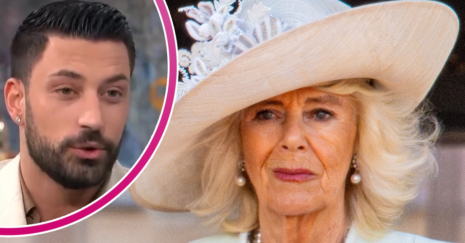 Giovanni Pernice talking on This Morning beside a frowning Queen Camilla
