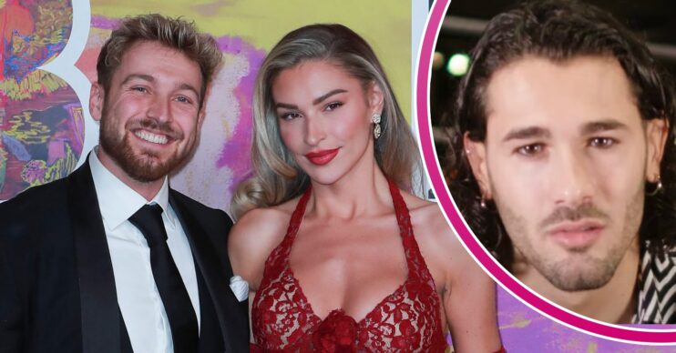 Sam Thompson and Zara McDermott smiling on the red carpet / Graziano Di Prima looking sad