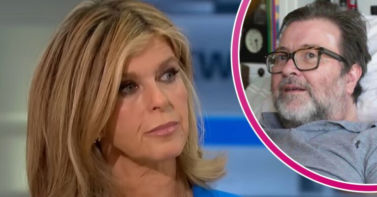 Kate Garraway frowning beside Derek Draper in a hospital bed