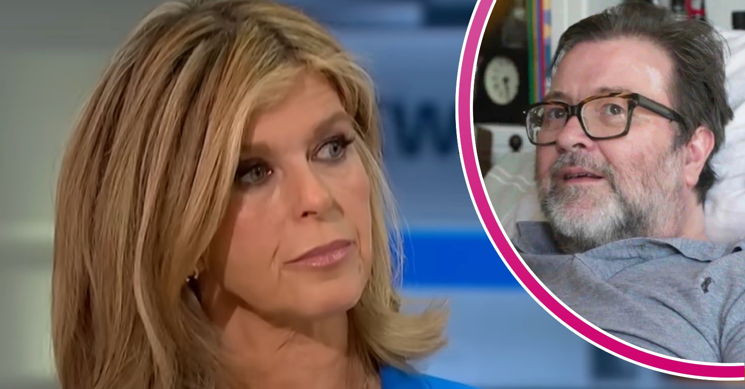 Kate Garraway frowning beside Derek Draper in a hospital bed