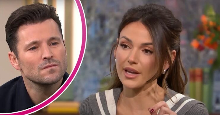 Mark Wright frowning beside a talking Michelle Keegan