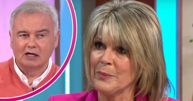 Ruth Langsford with neutral expression beside a talking Eamonn Holmes