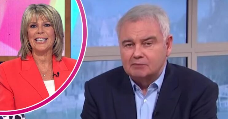 Ruth Langsford smiling on Loose Women beside a frowning Eamonn Holmes on This Morning