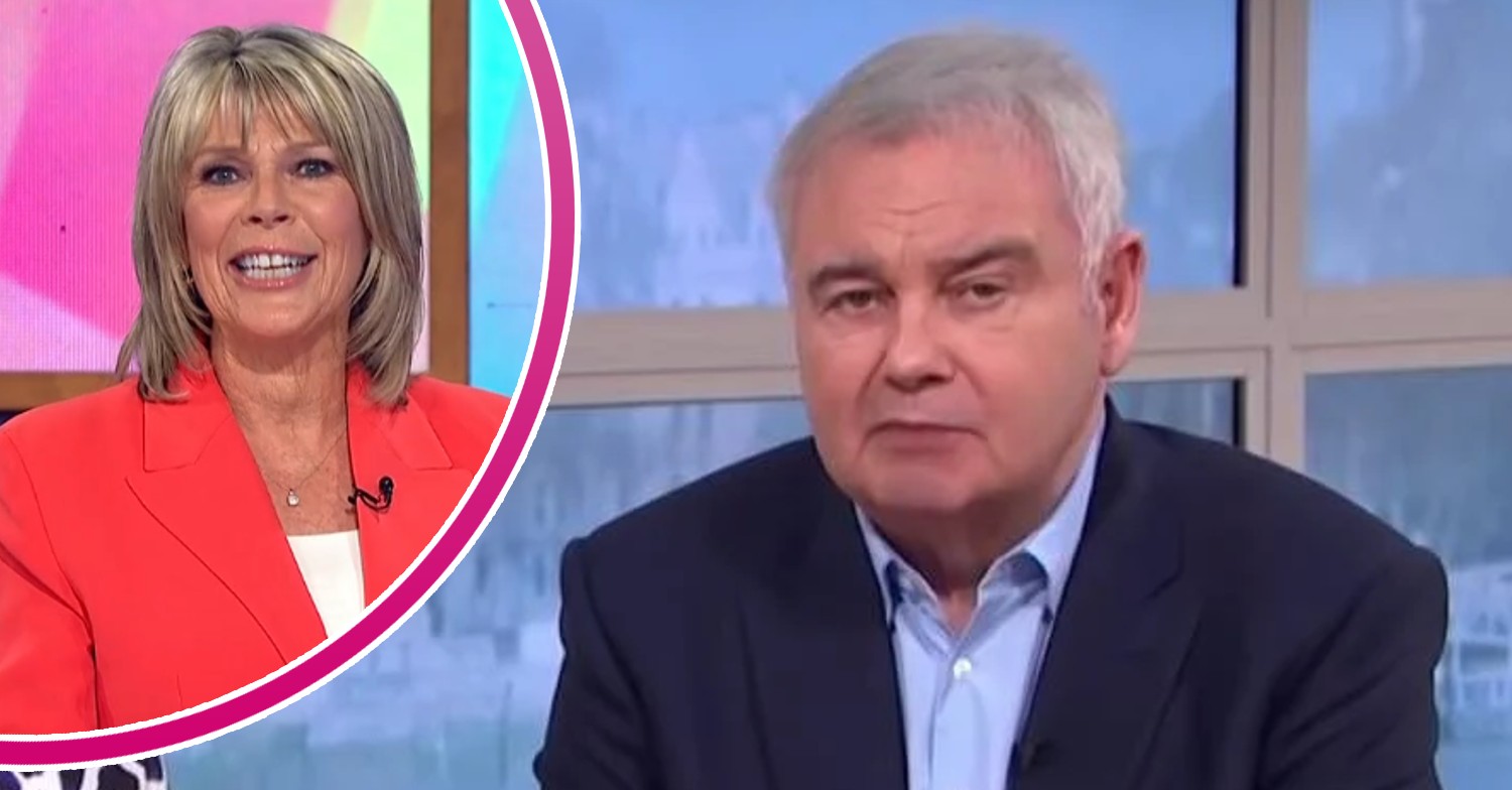 Ruth Langsford smiling on Loose Women beside a frowning Eamonn Holmes on This Morning