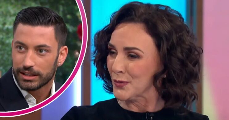 Strictly star Giovanni Pernice with shocked expression beside a talking Shirley Ballas