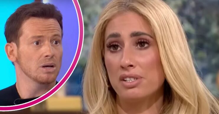 Joe Swash talking on Loose Women with concerned expression beside a frowning Stacey Solomon on This Morning
