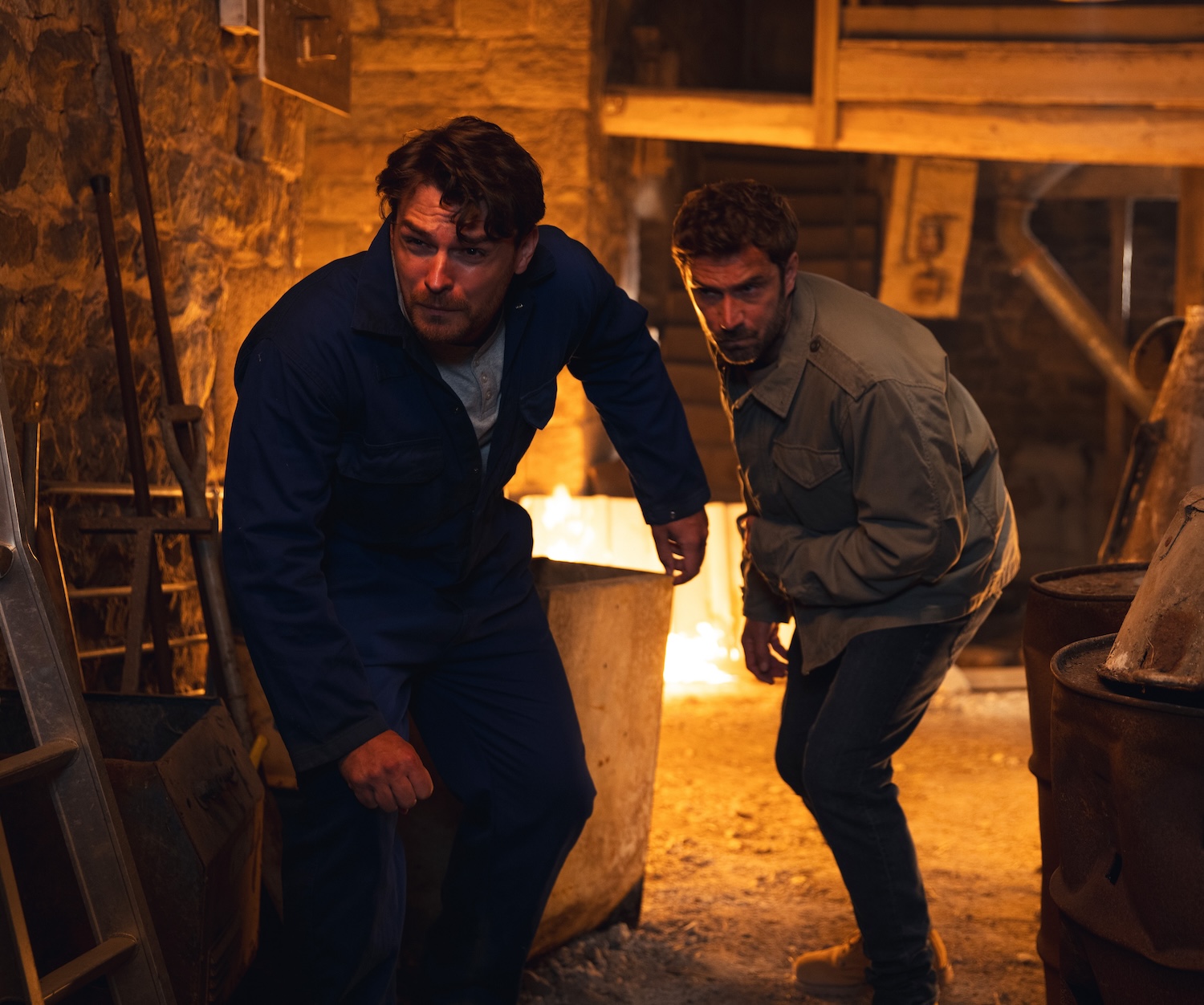 Mack and John rush to help in the fire on Emmerdale