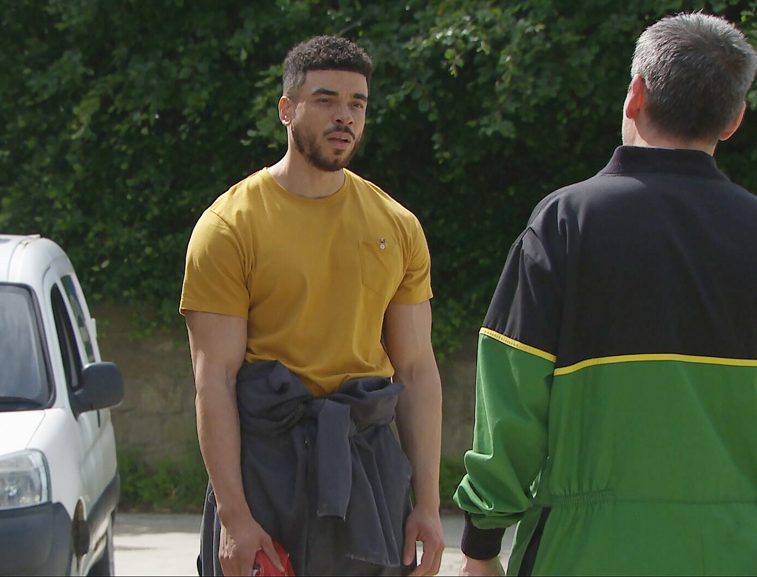 Nate looks worried Emmerdale
