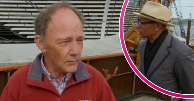 Man on Antiques Roadshow in a red fleece and expert in a hat inset
