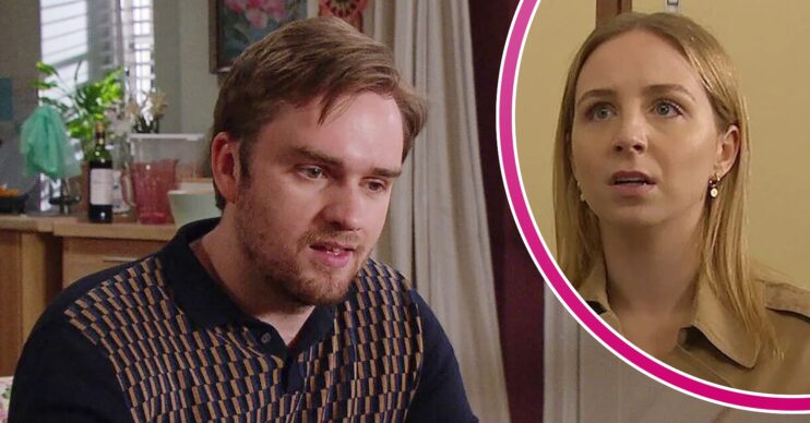 Tom looking shifty on Emmerdale; inset, Belle looks scared (Credit: ITV/Composite: ED!)