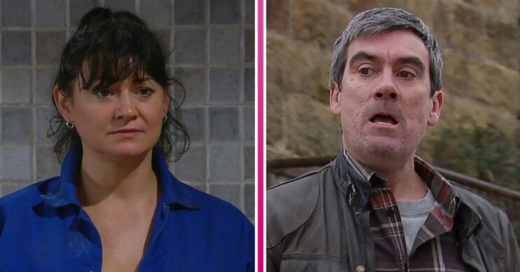 Composite image of Moira and Cain on Emmerdale, both looking worried (Credit: ITV/Composite: ED!)