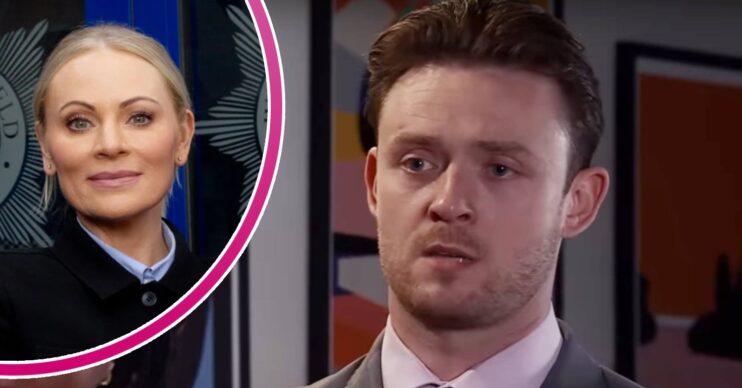 DS Swain faces the camera, Joel Deering looks shocked
