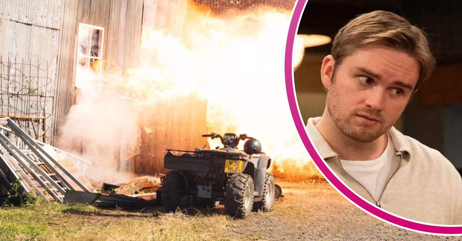 Emmerdale's barn fire, and in a bubble is Tom King