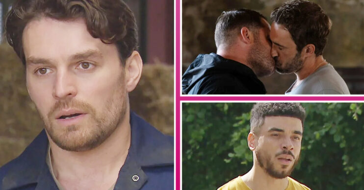 Emmerdale's Mack, Aaron and John kissing, Nate