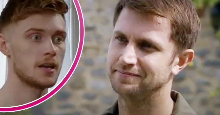 Emmerdale's Kris Mochrie and in a bubble is Max Parker