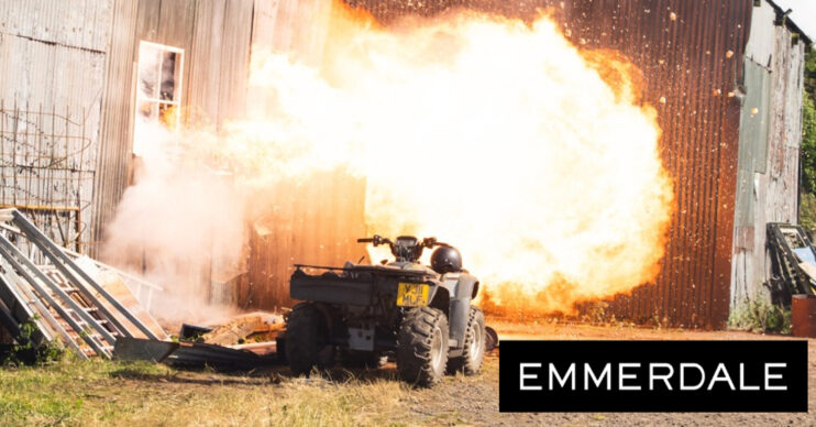Emmerdale's logo and a barn on fire