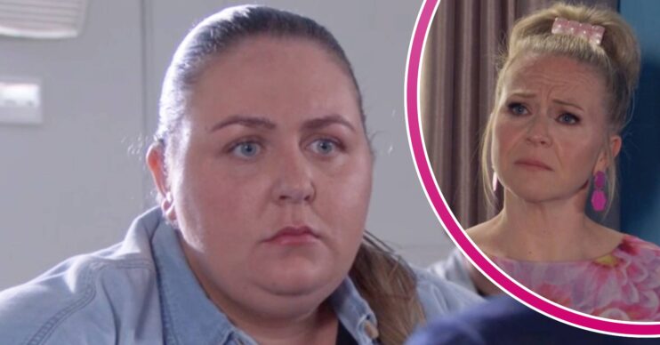 Bernie Taylor looks into the middle distance on EastEnders, Linda Carter looks concerned