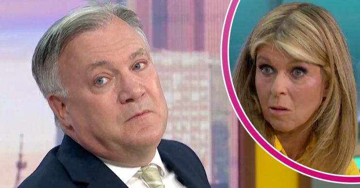 GMB host Ed Balls looks to his side, Kate Garraway is wide-eyed