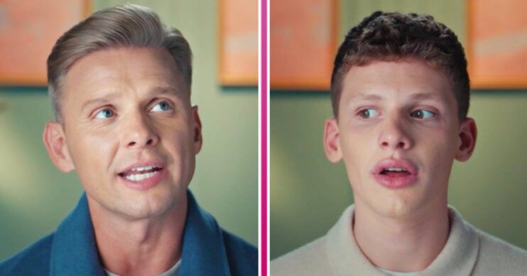 Jeff Brazier looks upwards, Freddie Brazier looks to the side