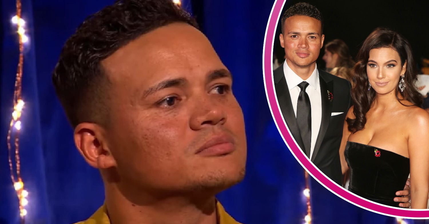 Jermaine Jenas looking serious on BBC show and smiling with wife