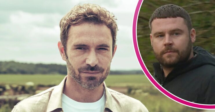 Promotional image of John Sugden; inset, Aaron Dingle looks angry (Credit: ITV/Composite: ED!)