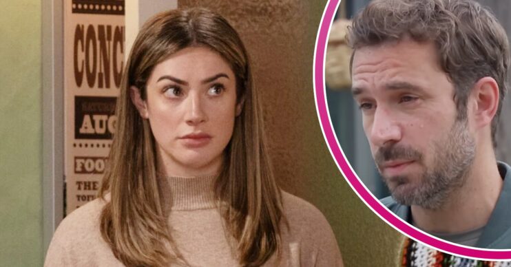 Victoria looks intense on Emmerdale; inset, John Sugden (Credit: ITV/Composite: ED!)