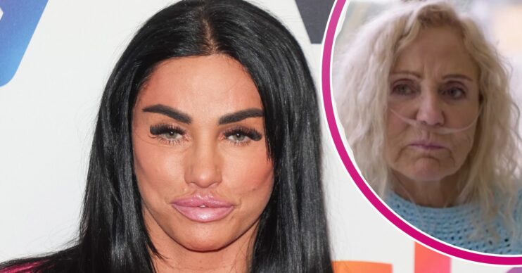 Katie Price smiling and her mum looking sick inset