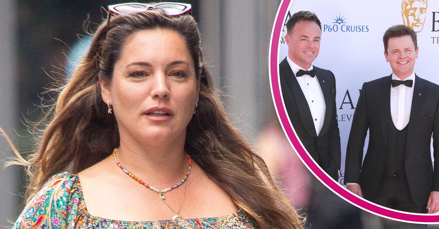 Kelly Brook looks serious and Ant and Dec smiling