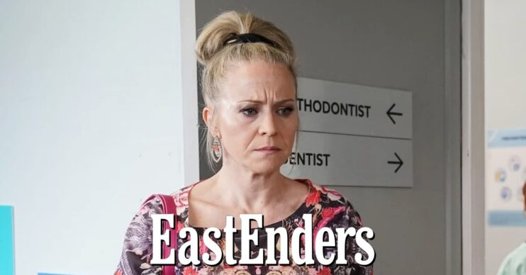 Linda looks worried on EastEnders; inset, soap logo (Credit: BBC/Composite: ED!)