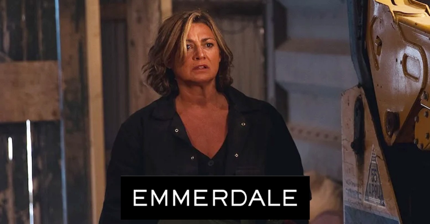 Moira looks angry on Emmerdale; inset soap logo (Credit: ITV/Composite: ED!)