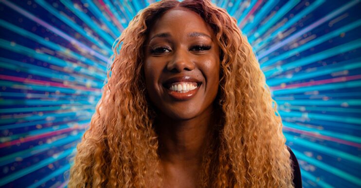 Montell Douglas smiling in Strictly promo pic