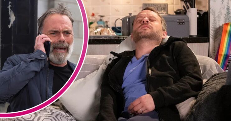 Paul on the sofa in Corrie; inset, Billy looks panicked (Credit: ITV/Composite: ED!)