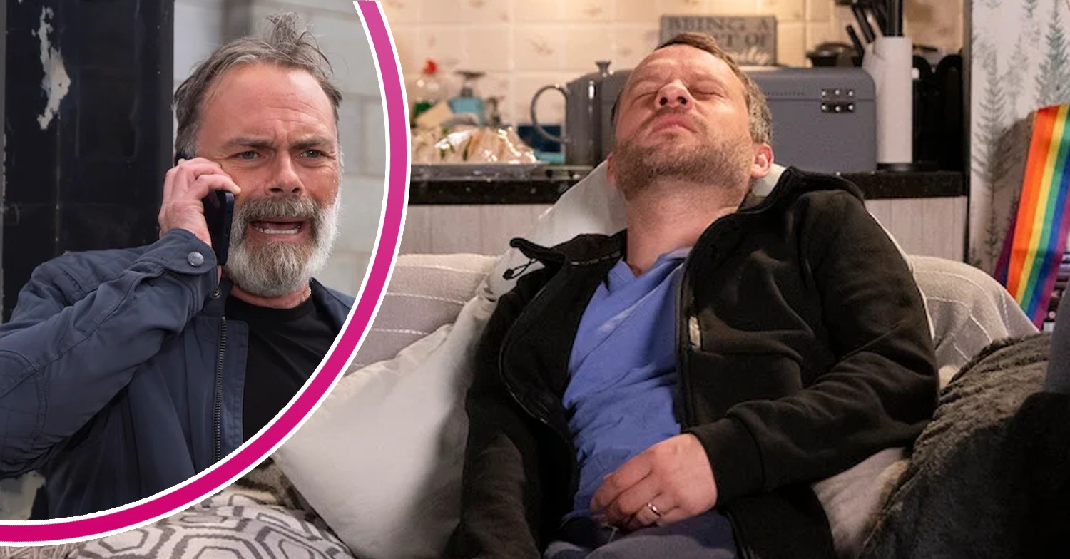 Paul on the sofa in Corrie; inset, Billy looks panicked (Credit: ITV/Composite: ED!)