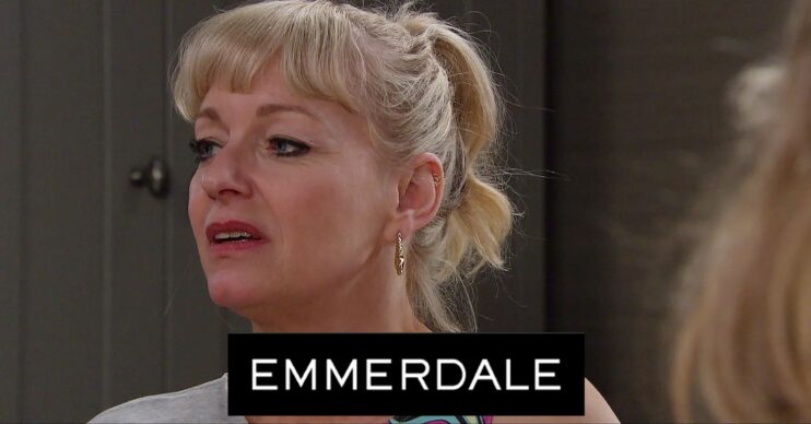 Rose looking shady on Emmerdale; inset, soap logo (Credit: ITV/Composite: ED!)